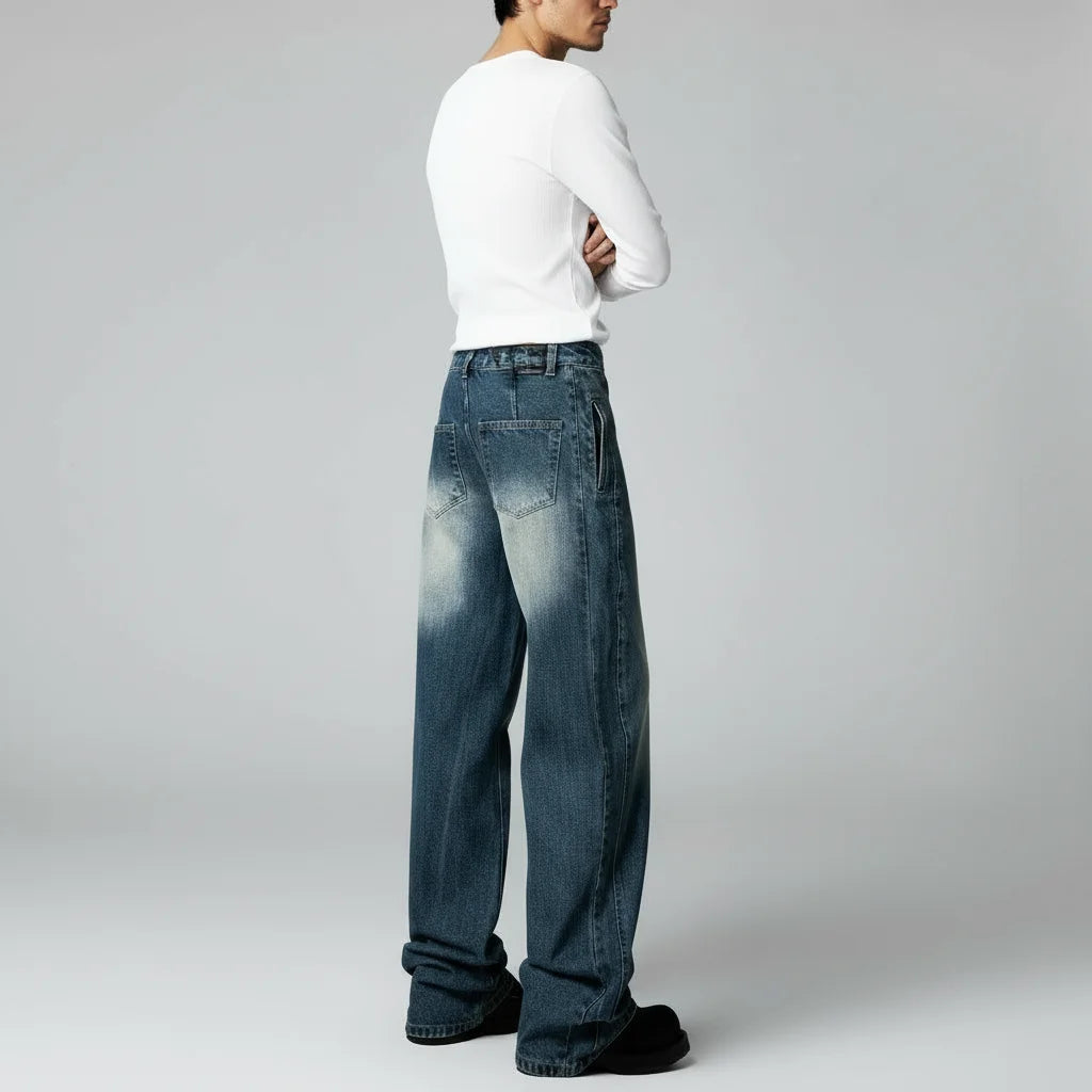 Stone-Washed Vintage Wide Denim